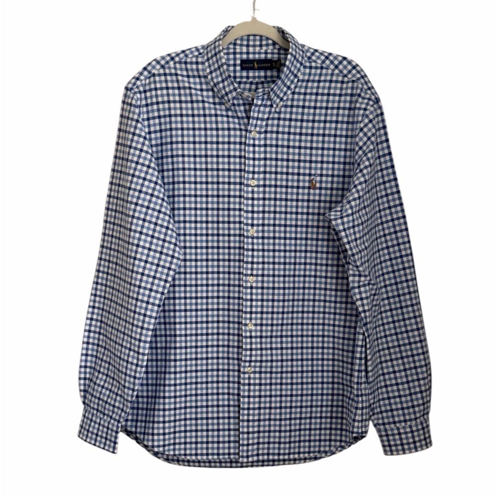 Ralph Lauren Men’s XL Blue White Gingham Button Down Shirt Cotton Classic Fit